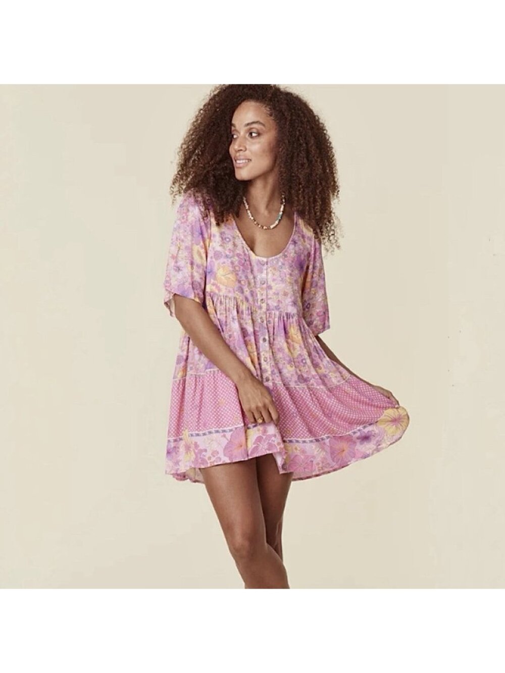 Spell Hibiscus Lane Mini Dress Pink Floral Short Sleeve Boho Women’s Size Small